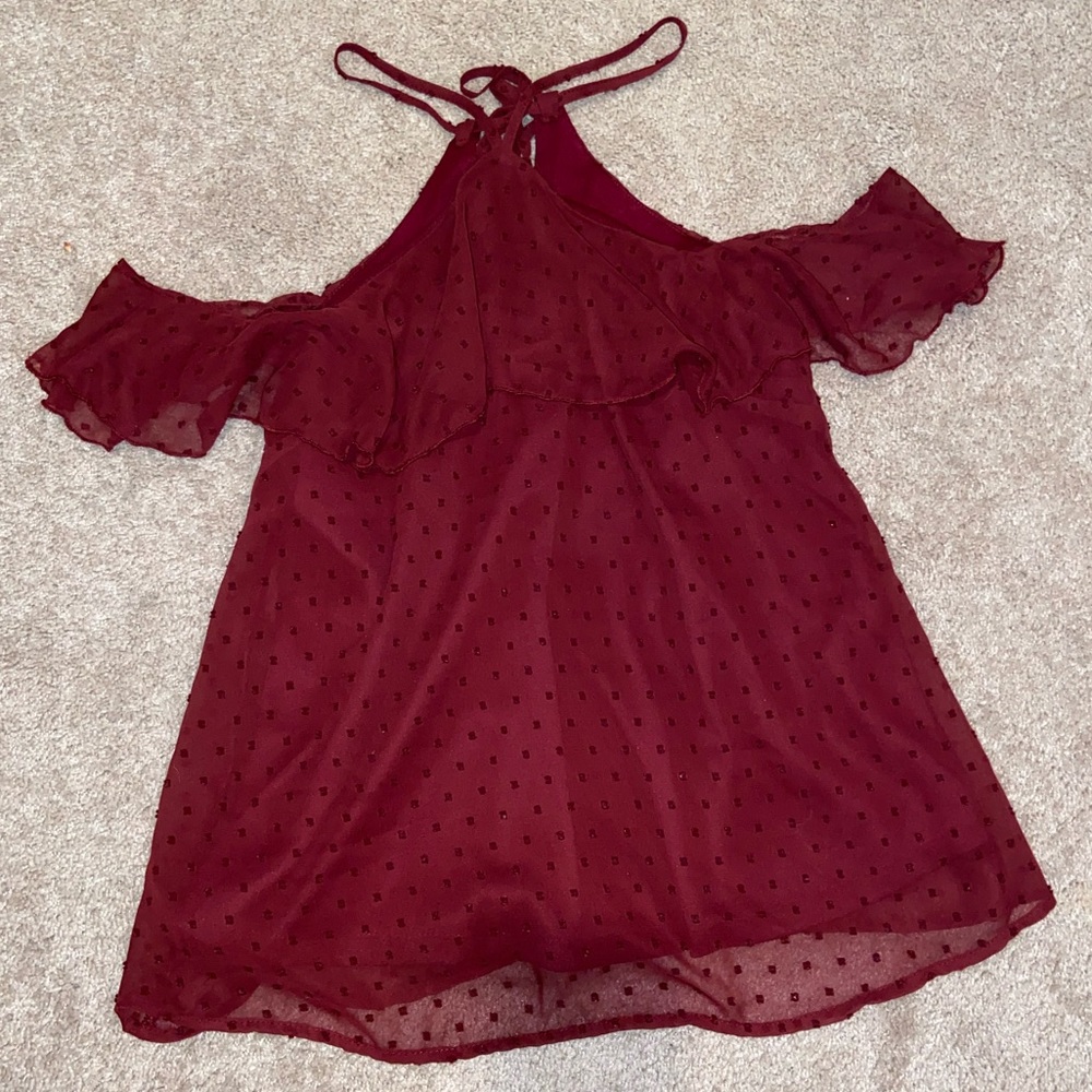 Burgundy Swiss dot off the shoulder blouse